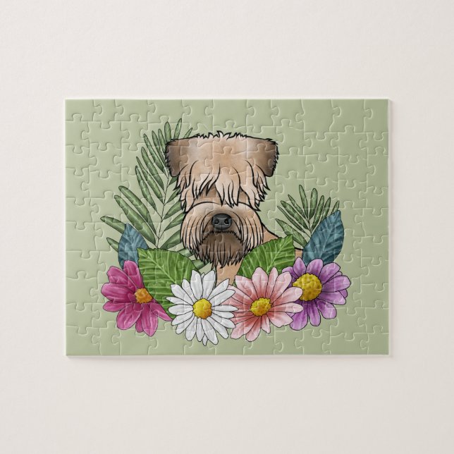 Soft-Coated Wheaten Terrier Colorful Flowers Green Jigsaw Puzzle (Horizontal)