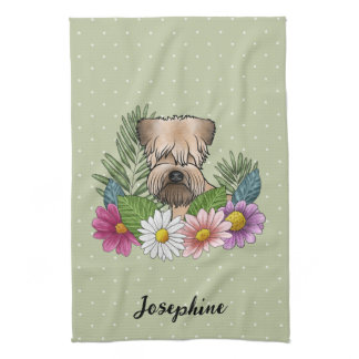 Soft-Coated Wheaten Terrier Colorful Flowers Green Kitchen Towel
