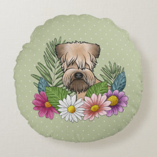 Soft-Coated Wheaten Terrier Colorful Flowers Green Round Pillow