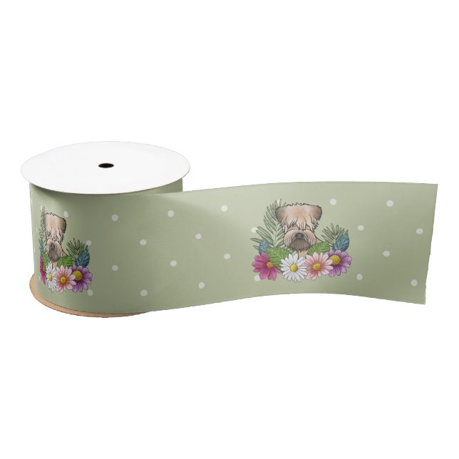 Soft-Coated Wheaten Terrier Colorful Flowers Green Satin Ribbon (Spool)