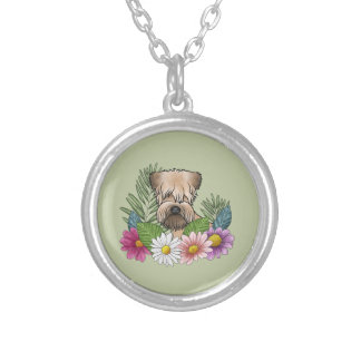 Soft-Coated Wheaten Terrier Colorful Flowers Green Silver Plated Necklace