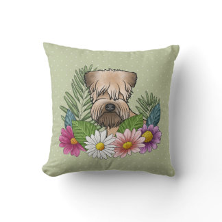 Soft-Coated Wheaten Terrier Colorful Flowers Green Throw Pillow