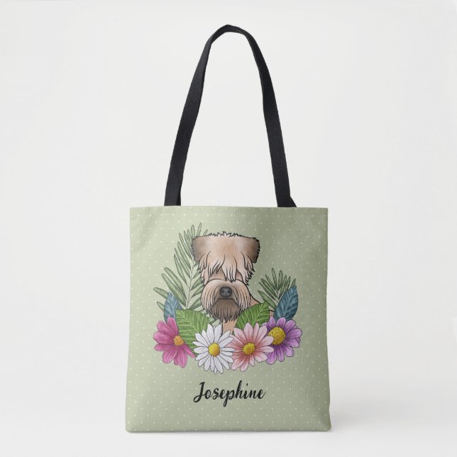 Soft-Coated Wheaten Terrier Colorful Flowers Green Tote Bag (Front)