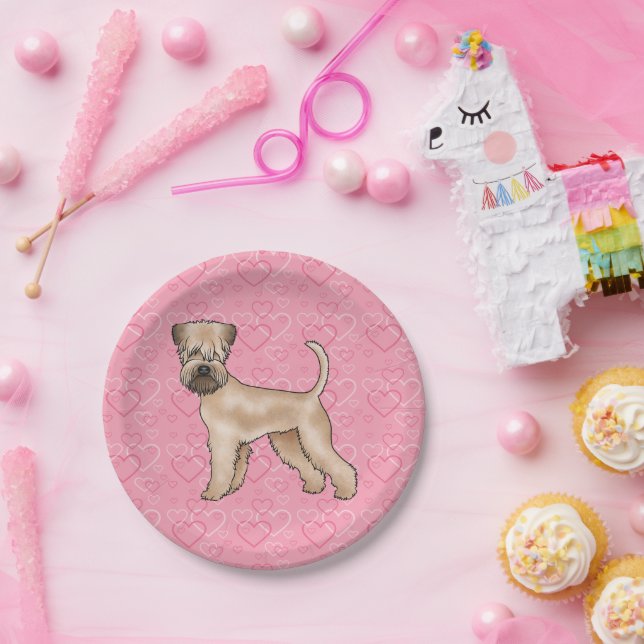 Soft-Coated Wheaten Terrier Dog Heart Pattern Pink Paper Plates (Party)