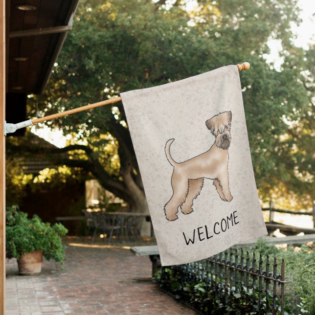 Soft-coated Wheaten Terrier Dog With Text Beige House Flag (In SItu)