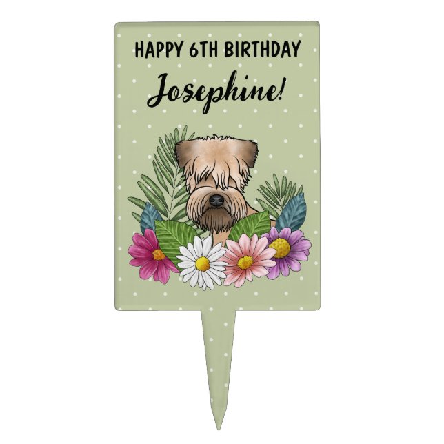 Soft-Coated Wheaten Terrier Floral Happy Birthday Cake Topper (Front)