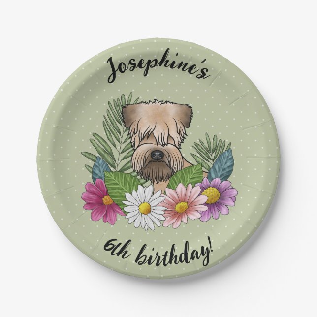 Soft-Coated Wheaten Terrier Floral Happy Birthday Paper Plates (Front)