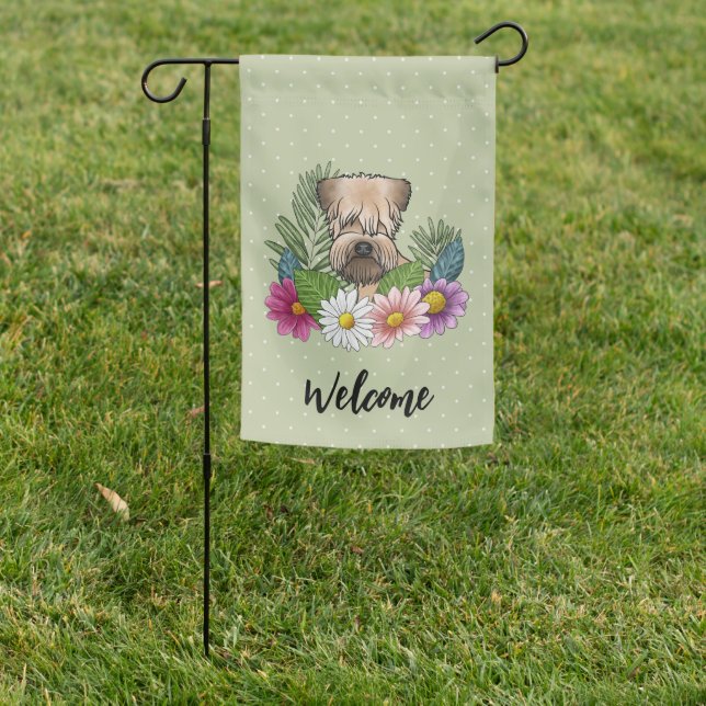 Soft-Coated Wheaten Terrier Flowers Welcome Green Garden Flag (In SItu)