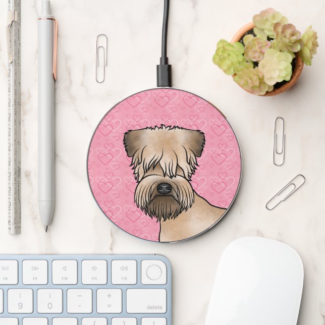 Soft-Coated Wheaten Terrier Head On Pink Hearts Wireless Charger (Desk)
