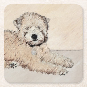 Soft Coated Wheaten Terrier Painting Original Art Square Paper Coaster