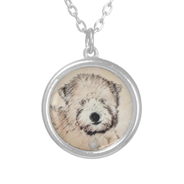 Soft-Coated Wheaten Terrier Puppy Painting Dog Art Silver Plated Necklace (Front)