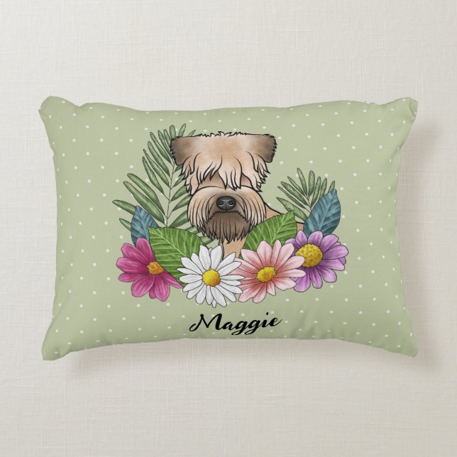 Soft-Coated Wheaten Terrier With Flowers And Name Accent Pillow (Front)