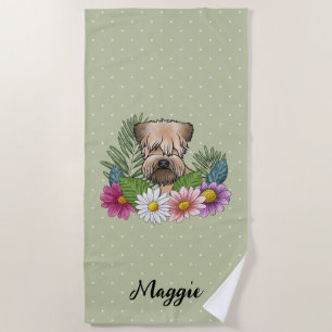 Soft-Coated Wheaten Terrier With Flowers And Name Beach Towel