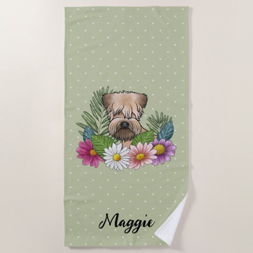 Soft_Coated Wheaten Terrier With Flowers And Name Beach Towel