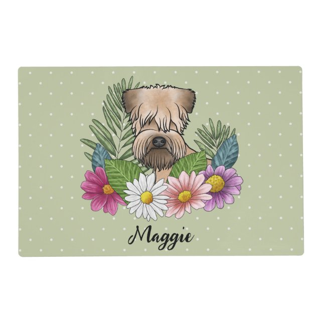 Soft-Coated Wheaten Terrier With Flowers And Name Placemat (Front)