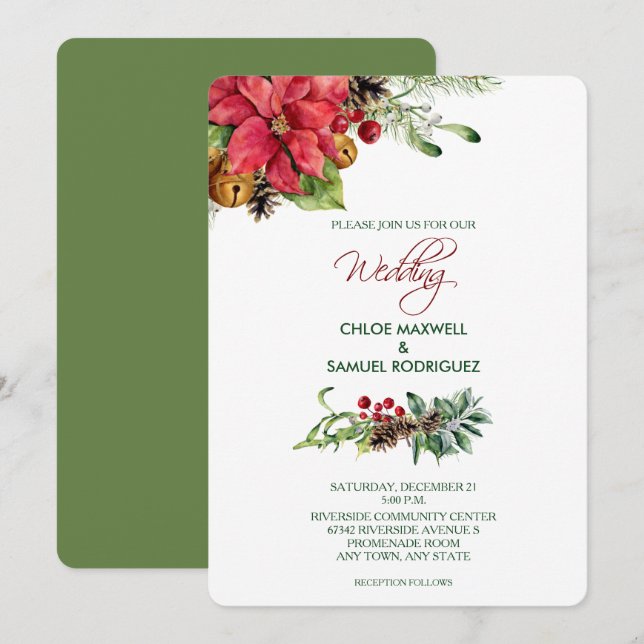 Soft Color Christmas Poinsettia Bells Invitation (Front/Back)