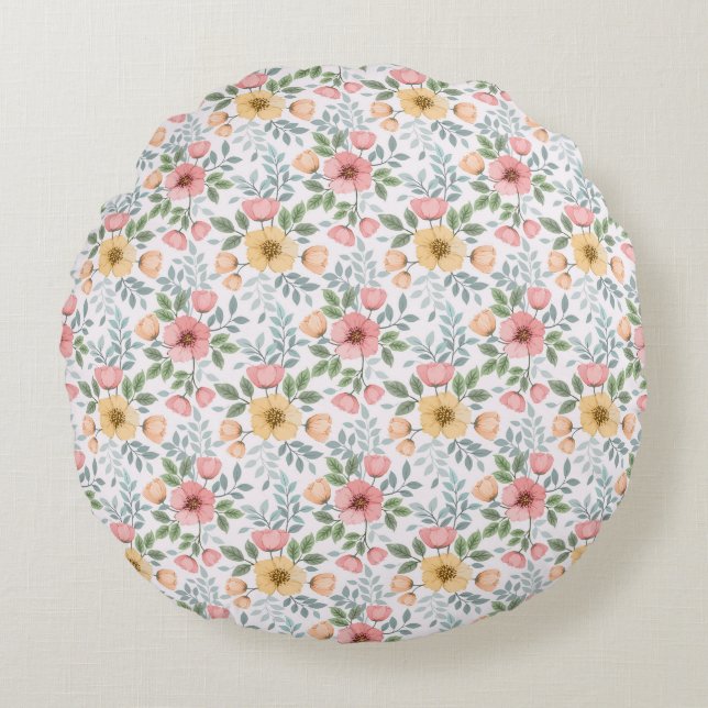 Soft Colored Flower Pattern Round Pillow (Front)