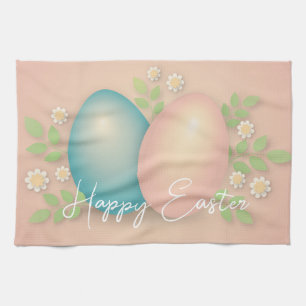 Soft colors easter egg and spring daisy flowers kitchen towel