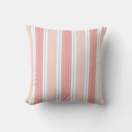 Soft Coral  Aqua on White Shabby Chic Stripes Throw Pillow