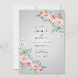 Soft Coral Aqua Peony Wedding Invitation