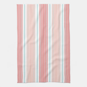 Soft Coral Aqua & Tan on White Shabby Chic Stripes Kitchen Towel