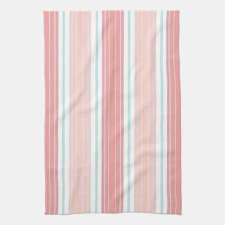 Soft Coral Aqua & Tan On White Shabby Chic Stripes Kitchen Towel