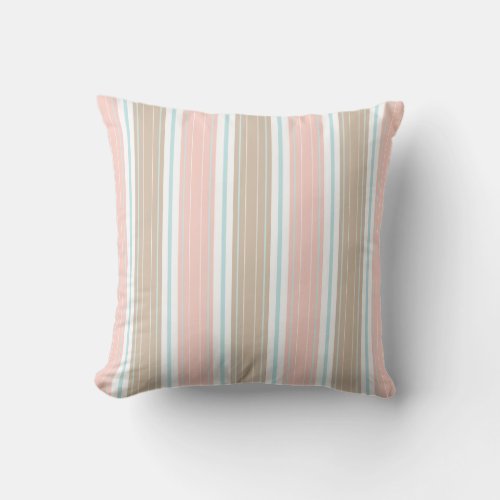 Soft Coral Aqua  Tan on White Shabby Chic Stripes Throw Pillow