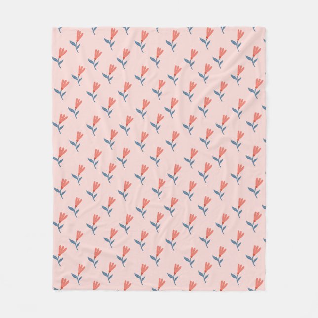 Soft Coral Blooms and Blue Leaves Pattern Fleece Blanket (Front)