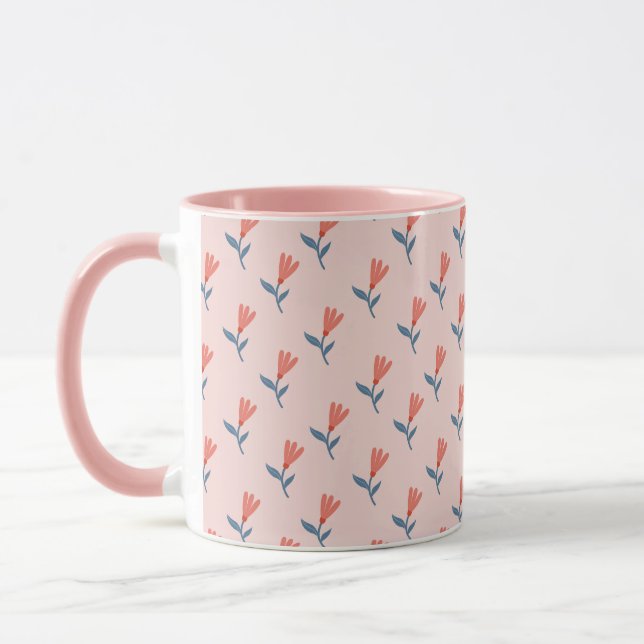 Soft Coral Blooms and Blue Leaves Pattern Mug (Left)