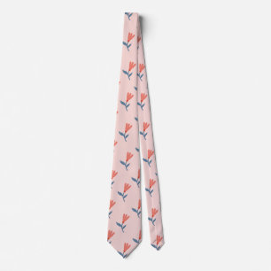 Soft Coral Blooms and Blue Leaves Pattern Neck Tie