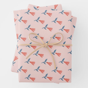 Soft Coral Blooms and Blue Leaves Pattern Wrapping Paper Sheets