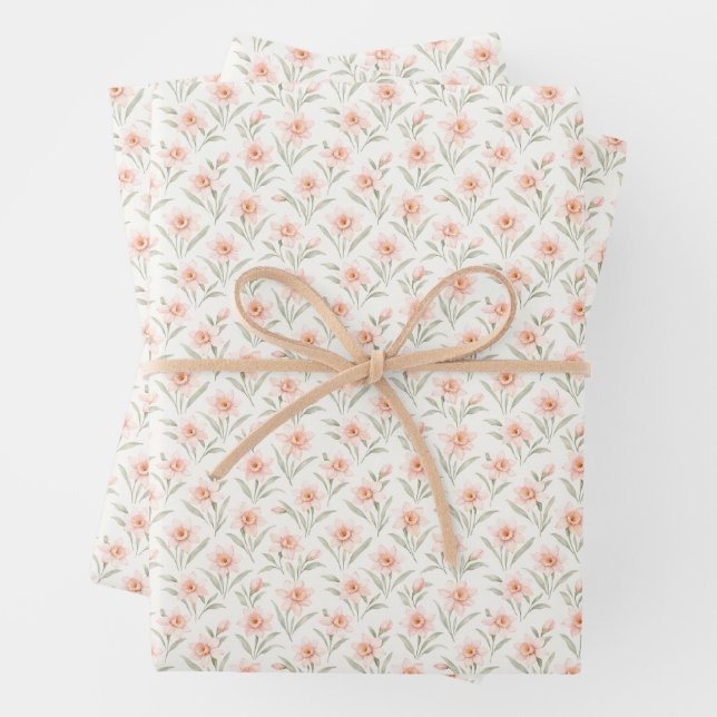 Soft Coral Daffodil Floral Wrapping Paper (In situ)