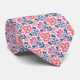 Soft Coral, Deep Royal Navy & Soft White Floral Neck Tie