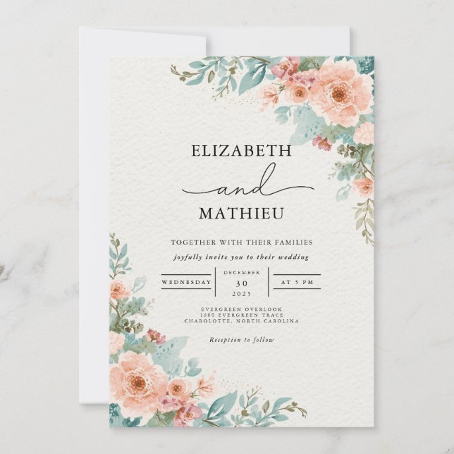 Soft Coral Floral Archway Wedding Invitation (Front)