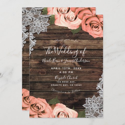 Soft Coral Floral Roses Rustic Wood Lace Wedding Invitation