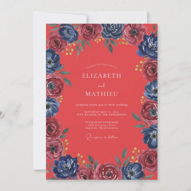 Soft Coral Indigo Painted Wedding Invitation (Front)