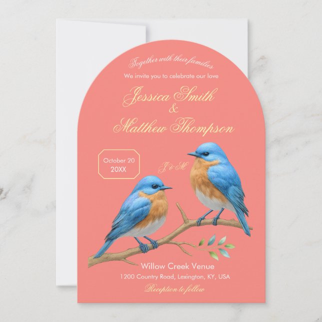  Soft Coral Lovebirds Romantic Bluebirds Wedding Invitation (Front)