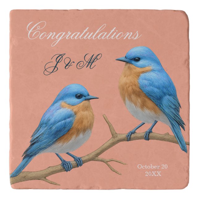 Soft Coral Lovebirds Romantic Bluebirds Wedding Trivet (Front)