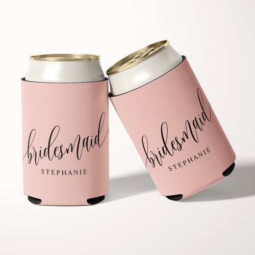 Soft Coral Pink Bridesmaid Modern Script Can Cooler