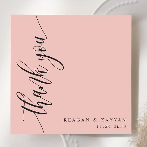 Soft Coral Pink Calligraphy Script Wedding Thank You Card