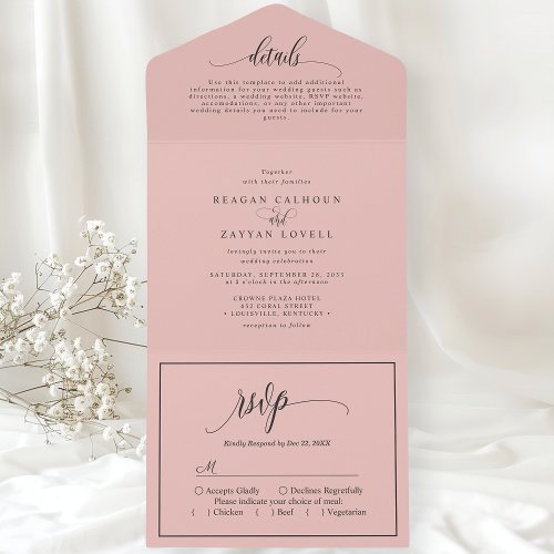 Soft Coral Pink Simple Modern Script All In One Invitation