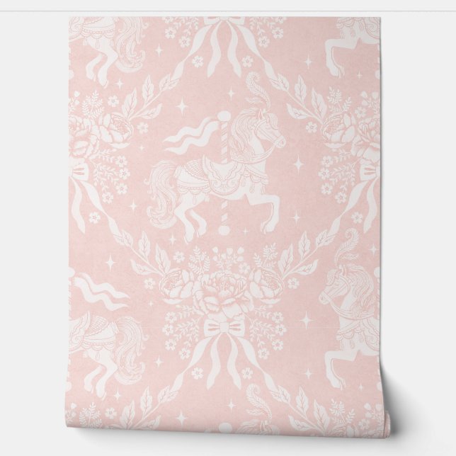 Soft Coral Rococo Carousel Horses & Florals Wallpaper (Unrolling)