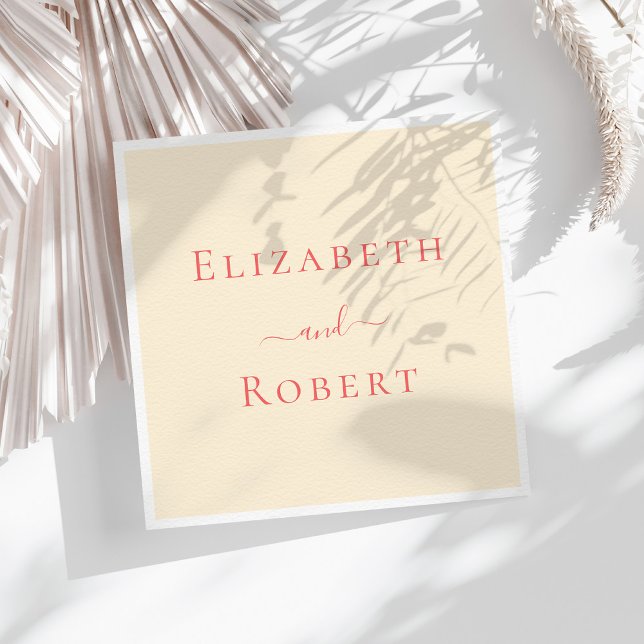 Soft Coral Simple Minimalist Couple Names Wedding Napkins (Soft Coral Simple Minimalist Couple Names Wedding Napkins on sunny white table.)