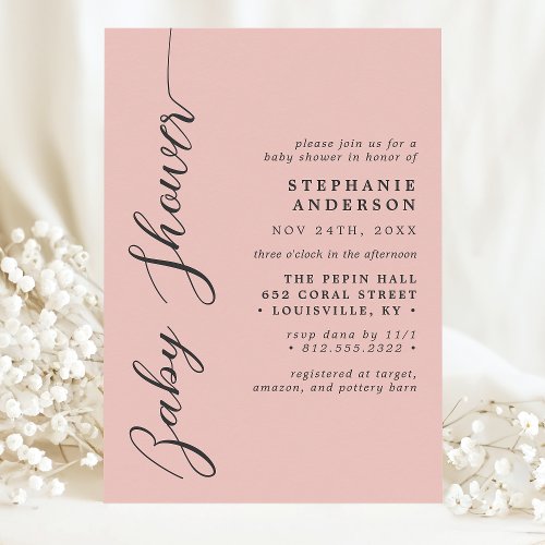 Soft Coral Simple Modern Script Baby Shower Invitation