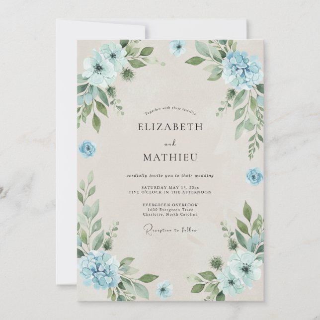 Soft Cornflower Azure Leafy Wedding Invitation (Front)