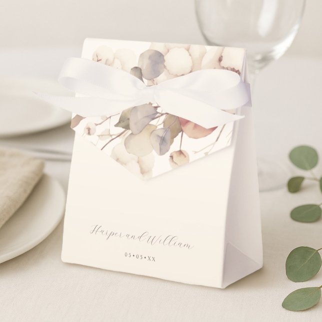 Soft cotton & eucalyptus wedding favor boxes (Soft cotton and eucalyptus wedding gift bag. Perfect for off-white weddings)