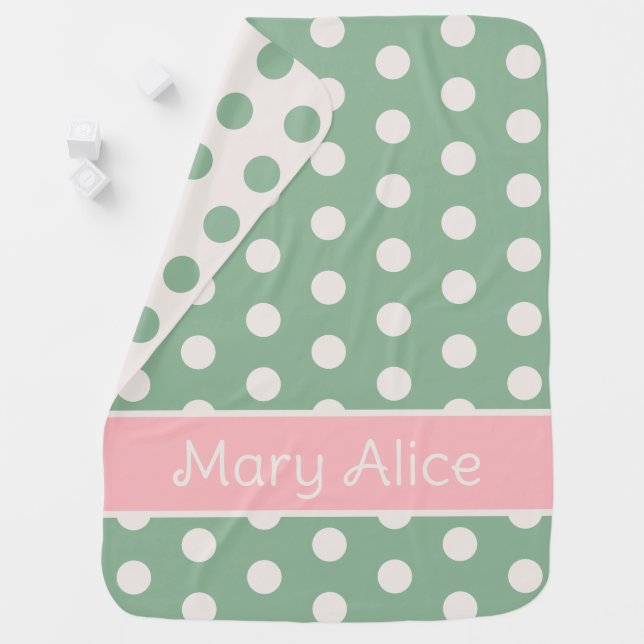 Soft Cream Polka Dot and Green Personalized Baby Blanket (In Situ)