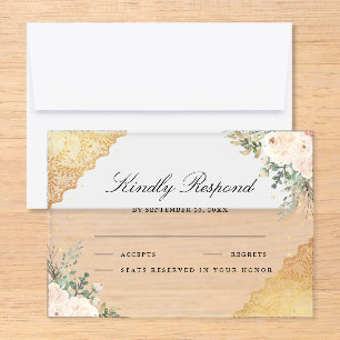Soft Cream Roses Gold Lace Wedding Acrylic Rsvp Card