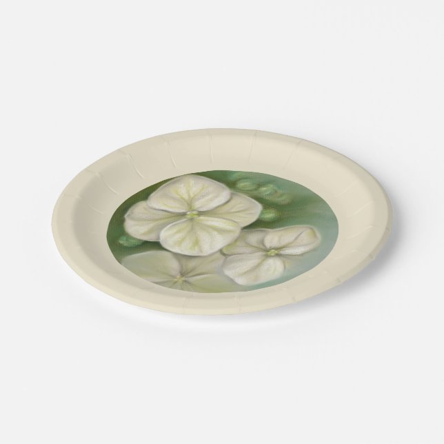 Soft Cream White Pastel Hydrangea Floral Paper Plates (Angled)