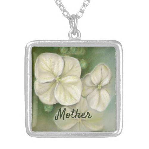 Soft Cream White Pastel Hydrangea Floral Silver Plated Necklace